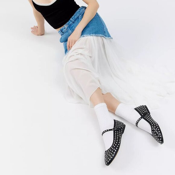 Steve Madden Vinetta Rhinestones Stud Black Mary Jane Ballet Flats - Picture 13 of 16